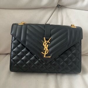 Yves Saint Laurent Black Chevron Shoulder Bag with Gold Chain